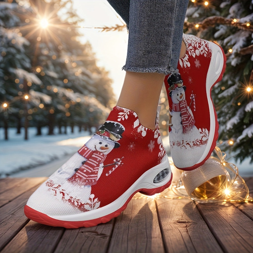 Women'S Slip-On Sneakers - Red & Snowman Print, Slip-On Closure, Cushioned Insole - All-Season Everyday & Formal Shoes - Easy-Clean Fabric Upper - Cozy Winter, Casual Footwear, Seasonal Fashion, Playful Design, Comfortable Fi