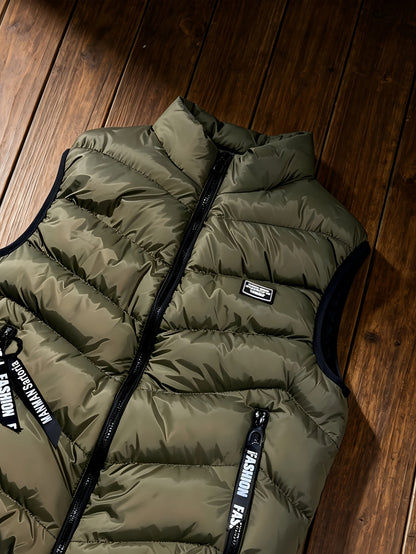 Men's Thickened Polyester Warm Vest with Full-Zip and Stand Collar