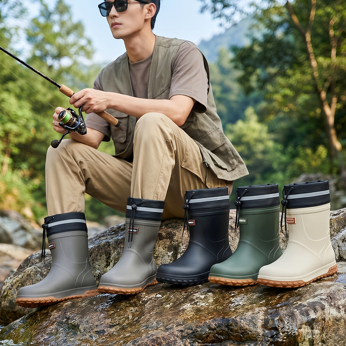 Men's Waterproof Short Rain Boots with Non-Slip Thick Sole
