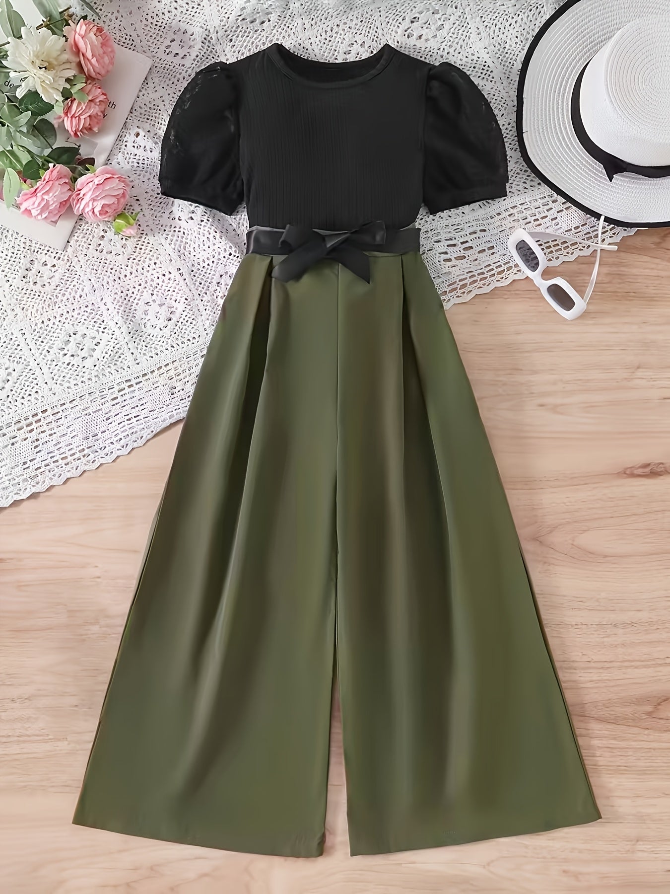 Girls' Retro Elegant 2-Piece Set: Mesh Puff Sleeve Top & Wide-Leg Pant