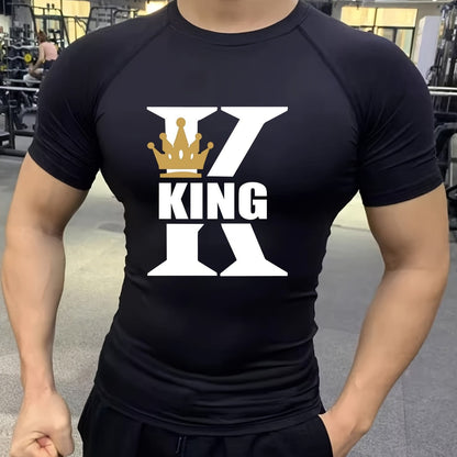 Men'S High-Elastic Breathable Short Sleeve Athletic Shirt - Summer Running  Training Top with "KING" Crown Print, High Stretch Microfiber, White, Gym Wear   Bold Design   Subtle Sheen Finish, Gym Wear Shirts