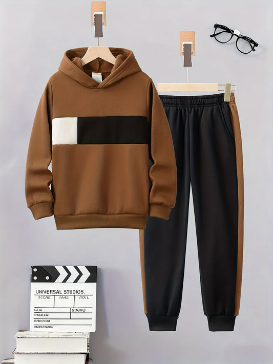 2pcs, Kids' Autumn/Winter Fashion Solid Color Hooded Pullover Sweatshirt Set, Comfortable Sportswear, Knitted Stretch Fabric, Suitable for Outdoor Activities and Casual Attire, Perfect Gift for Children in Autumn/Winter, Esse