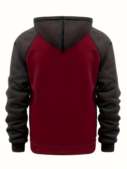 Men'S Stylish Color Block Hoodie - Casual Zip-Up Hooded Sweatshirt with Front Pockets, Long Sleeves, and Ribbed Cuffs - Maroon & Black Design, Comfortable for Fall and Winter Wear