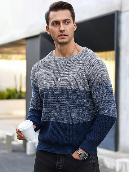 Men's Autumn and Winter Color Block Knit Sweater, Crew Neck Pullover