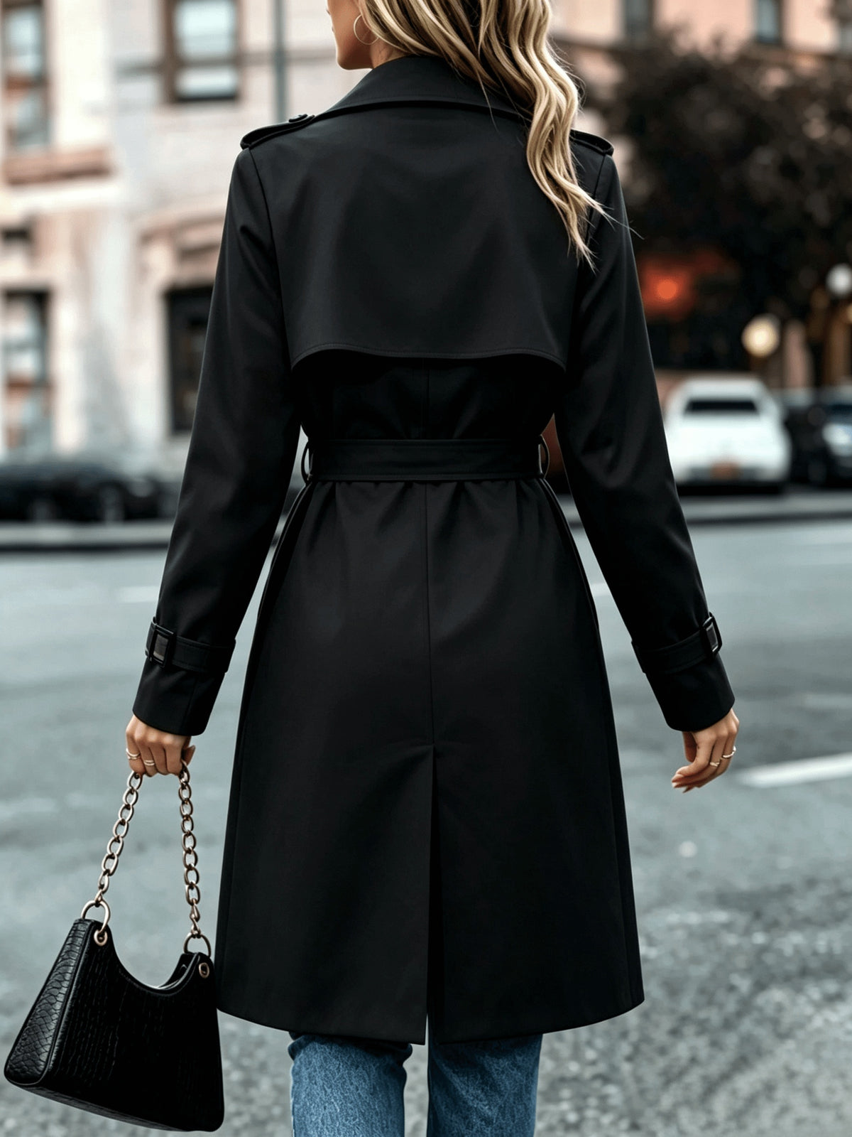 Elegant Solid-Color Double-Breasted Trench Coat with Belt