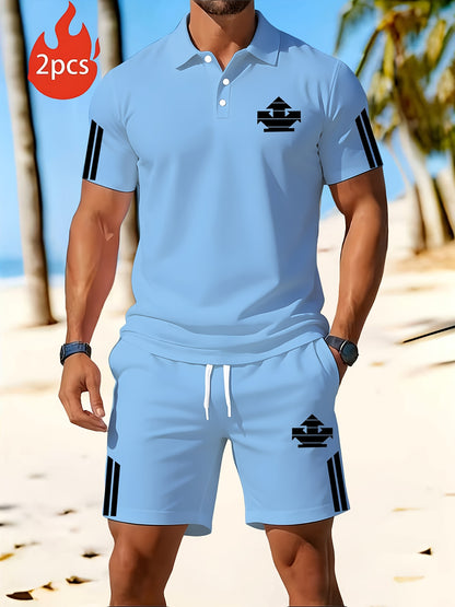 Men's Summer Polo Set with Print, Lightweight Casual Lapel Shirt & Sho