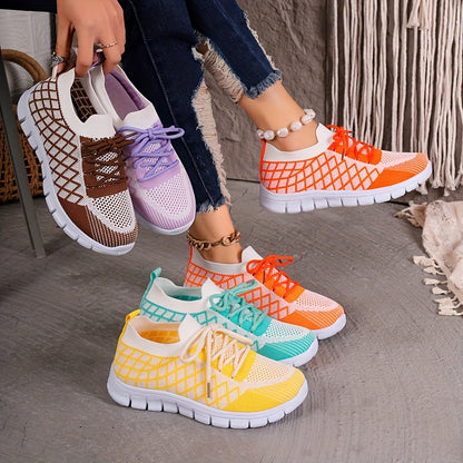 Women's Breathable Knit Sneakers - Lightweight, Lace-Up Casual Shoes with EVA Sole, Available in Brown, Purple, Orange, and Yellow Gradient - Stylish All-Season Footwear, Ladies Sneakers
