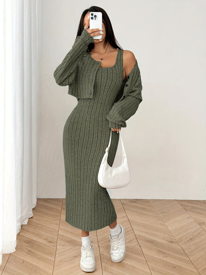 Women'S Autumn And Winter Outfit Featuring a Long-Sleeve Top with a Coat And a Camisole Dress in a Two-Piece Set.