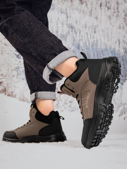Men's Winter High-Top Ankle-High Outdoor Boots - Upper, Plush Lining & Cushioned Insole, Slip-Resistant MD Sole, Brown/Black Trekking Shoes for Snow, Ice, and Cold Weather - Lightweight & Durable Casual Winter Boots for Hikin
