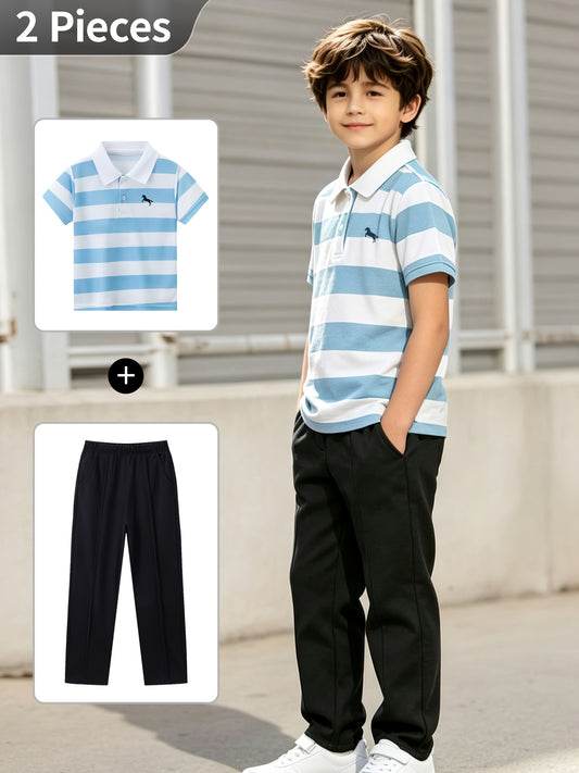 Boys' Summer Preppy Striped Polo Shirt & Pants Set 3-12 Years