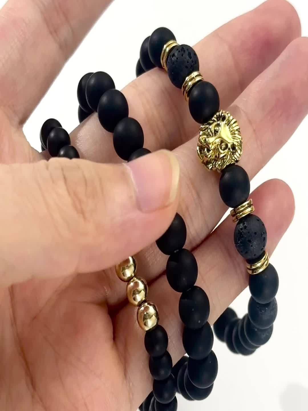 3pcs Retro Punk Style Lion Head Bracelets, Men's Stretchy Beaded Bracelets Set