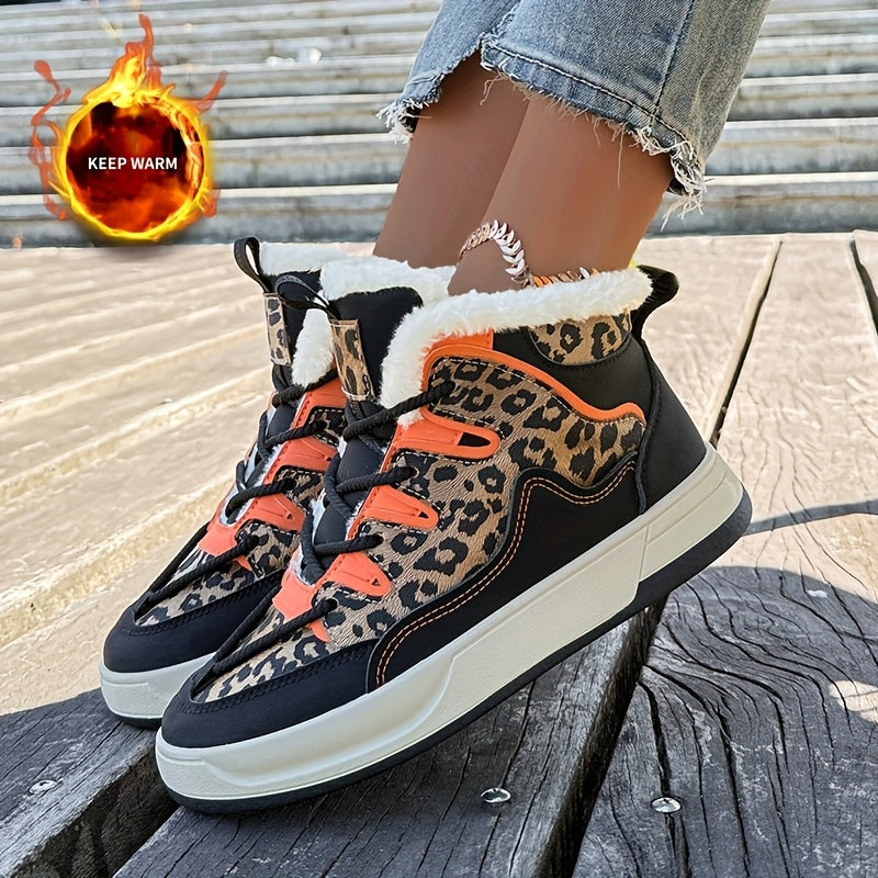 Women'S Stylish Leopard Print Winter Sneakers - Warm Fleece-Lined Casual Shoes with Thick Cushioned PVC Sole, Black & Orange Design, Perfect for Fall/Winter, Winter Sneakers | Leopard Print Shoes | Durable PVC Sole