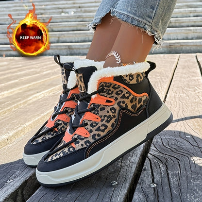 Women'S Stylish Leopard Print Winter Sneakers - Warm Fleece-Lined Casual Shoes with Thick Cushioned PVC Sole, Black & Orange Design, Perfect for Fall/Winter, Winter Sneakers | Leopard Print Shoes | Durable PVC Sole