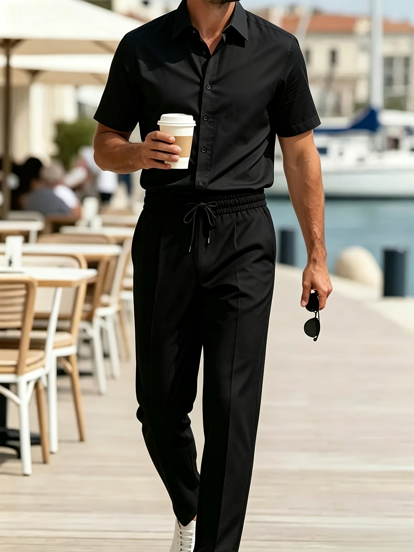 Men's Casual Lapel Short Sleeve Shirt & Elastic Waist Trousers Set