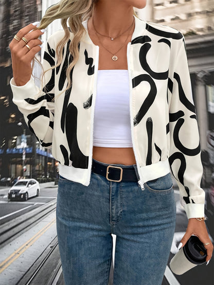 Women'S Stylish Black & White Abstract Print Zip-Up Cardigan Jacket - Casual Long Sleeve Pullover with Belted Waist, All-Season Wear, Casual Attire Jacket|Modern Casual Jacket|Zippered Jacket