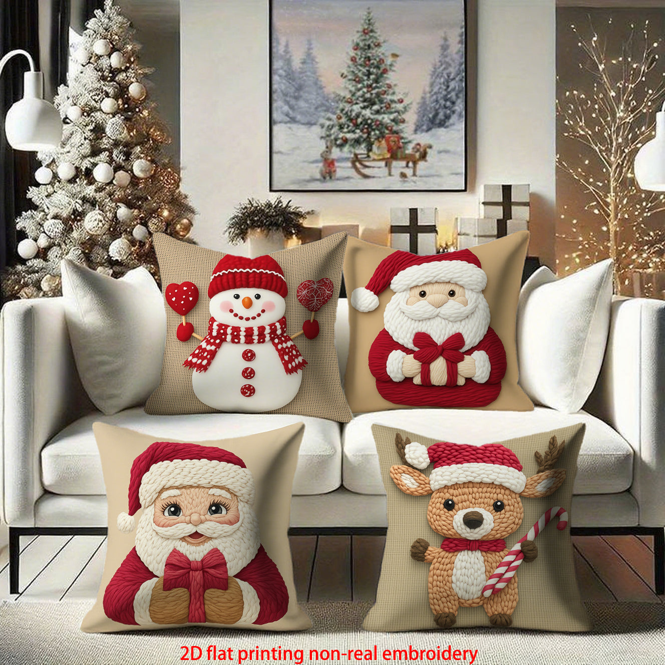 4pcs- Digital Print Single-Sided Polyester Pillowcase with Festive Designs (Pillow core not included) Holiday Decoration Home Decor Sofa Pillow Cover, Modern Sofa Square Decorative Cushion Cover Merry Christmas/Happy New Year