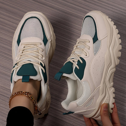 Women's Lightweight Chunky Sneakers - Versatile Korean Style Dad Shoes with Thick Sole, Breathable Mesh Upper, Casual Lace-Up Athletic Footwear in White, Green/White, and Black/Pink