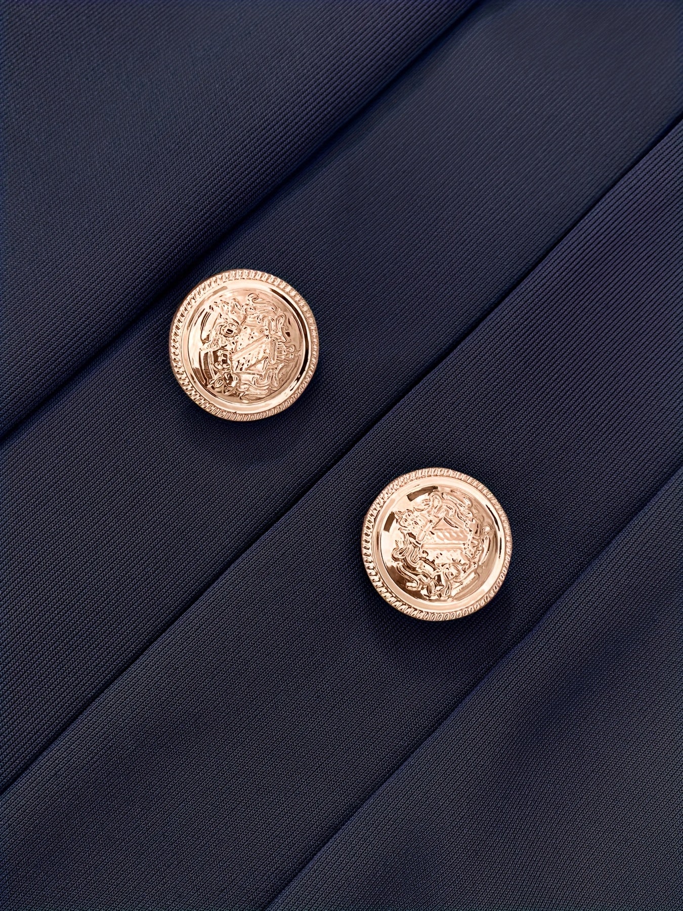 Plus Size, Women's Navy Blue Double-Breasted Blazer - Elegant Long Jacket with Button Front Closure, Machine Washable Office & Party Coat for Women, Formal Everyday Chic Outerwear, Spring Fashion, Classic Silhouette, Structur