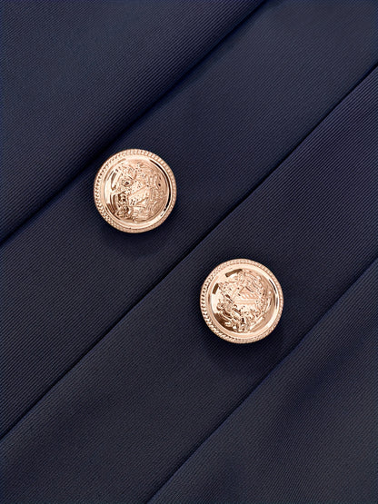 Plus Size, Women's Navy Blue Double-Breasted Blazer - Elegant Long Jacket with Button Front Closure, Machine Washable Office & Party Coat for Women, Formal Everyday Chic Outerwear, Spring Fashion, Classic Silhouette, Structur