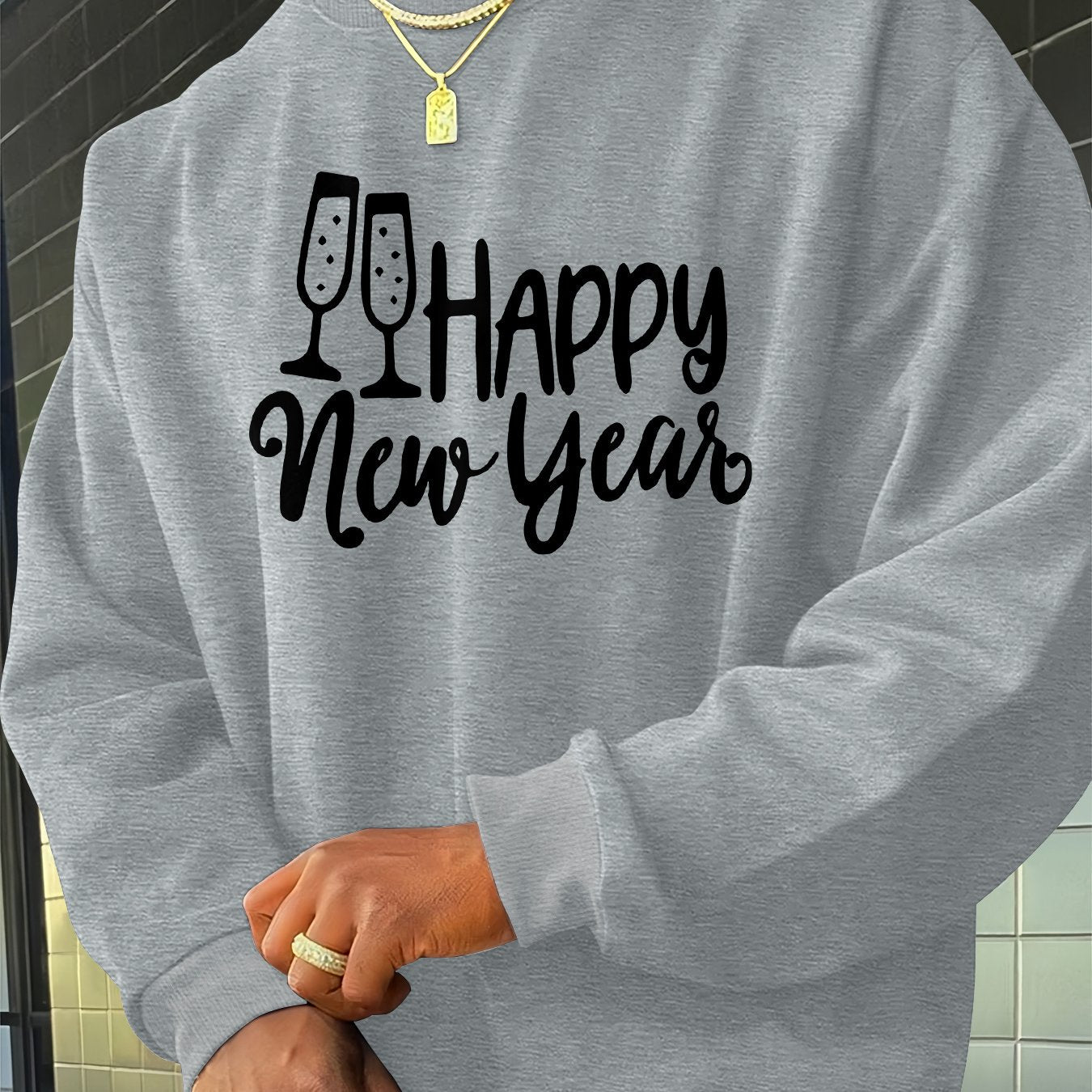 Men's Happy New Year Print Sweater - Champagne Glass & Confetti Design, Round Neck Casual Pullover, Machine Washable Winter Warmth, Comfortable Knit Sweater for Parties & Casual Attire (New Year's Eve Outfits) - Stylish Men's