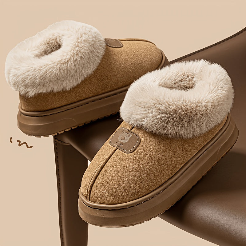 Unisex Winter Plush-Lined Slip-On Slippers with Thick Sole