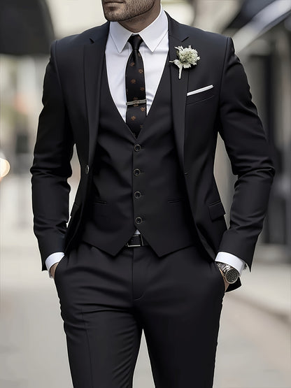 Men's 3-Piece Polyester Suit Set with Jacket, Vest & Trousers