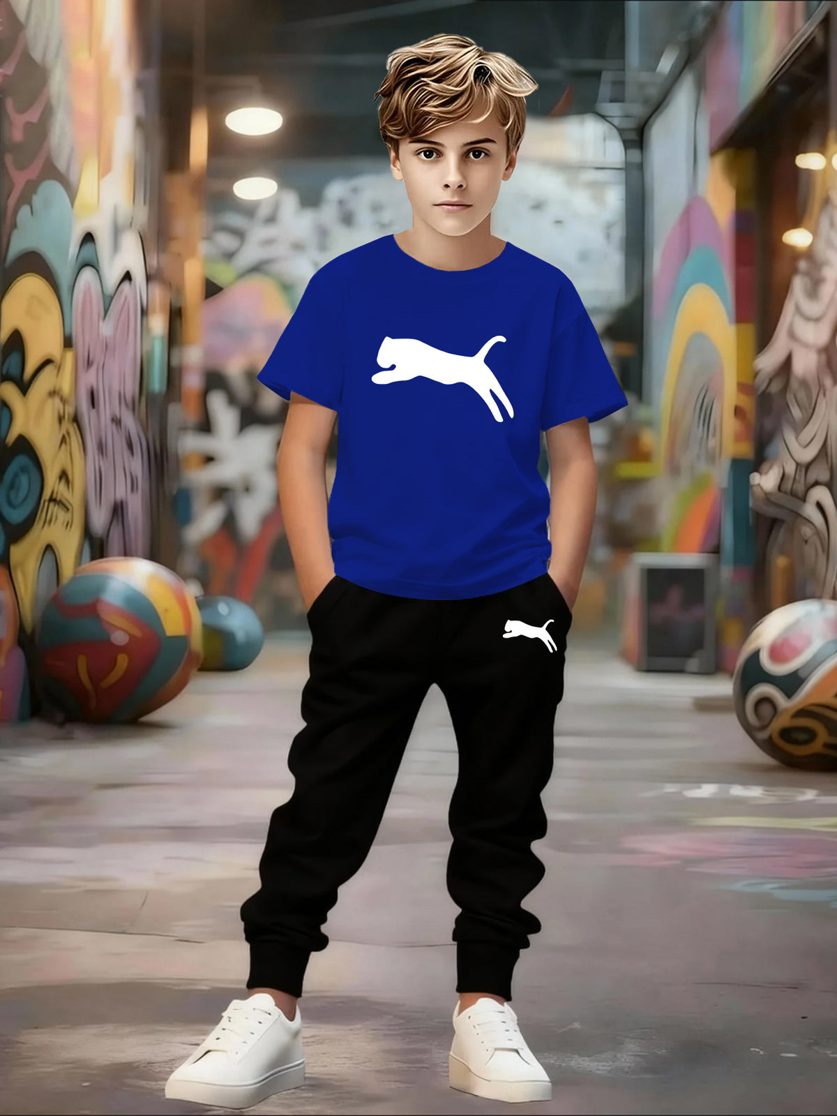 Boys' Casual Short Sleeve & Pants Set with Geometric Pattern