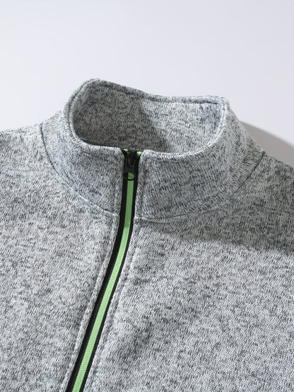 Men's Sporty Full-Zip Stand Collar Sweatshirt - Long Sleeve Casual Pullover with Neon Green Accents, Solid Color Non-Stretch Fabric, Regular Fit for Fall Winter