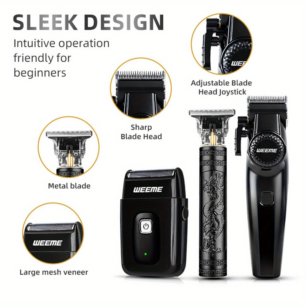 WEEME 3pcs/2pcs Hair Clippers for Men, All-in-One Grooming Gift Set, Professional Cordless Trimmer with T-Blade & Foil Shaver, LCD Display, Barber Kit for Men (Black) - ayq