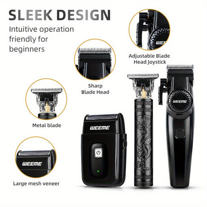 WEEME 3pcs/2pcs Hair Clippers for Men, All-in-One Grooming Gift Set, Professional Cordless Trimmer with T-Blade & Foil Shaver, LCD Display, Barber Kit for Men (Black) - ayq