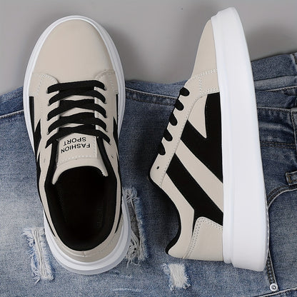 Men's Casual Athletic Sneakers - Comfortable Low-Top Lace-Up Shoes with Geometric Design, Black  Beige, EVA Sole, Microfiber Upper for Casual Attire and Sports