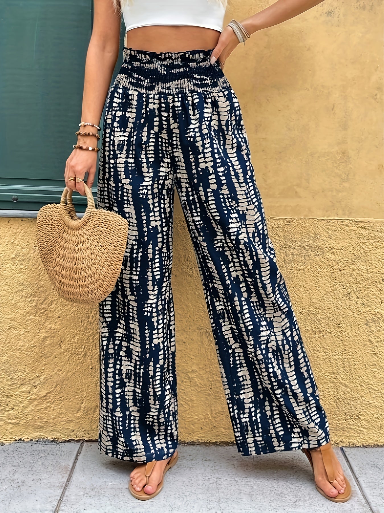 Women's High-Waisted Wide-Leg Printed Trousers for Spring/Summer