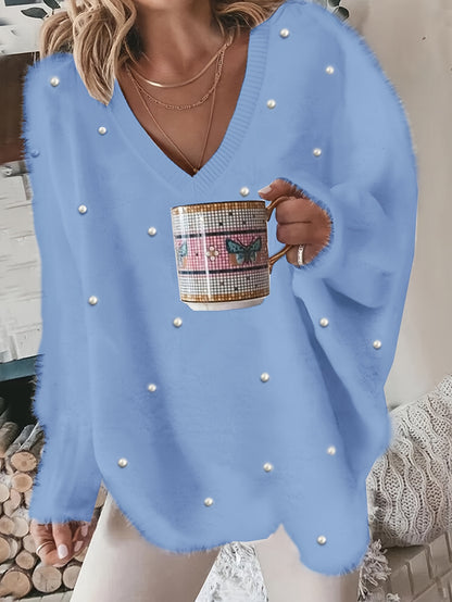 Plus Size - Women'S Cozy Yellow V-Neck Sweater with Pearl Buttons & Fleece-Lined Cuffs - Asymmetrical Hem, Geometric Pattern, Casual Winter Pullover for Casual Attire, Winter Apparel | Vneck Sweater | Pearl Button Details, Sw