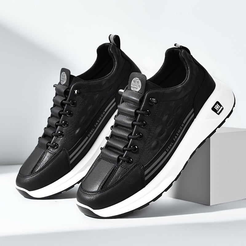 Men's Breathable Casual Sneakers - Comfortable, Versatile  Stylish Shoes for Running, Sports  Casual Attire, Black with White Accents, PU Upper  PVC Sole, Round Toe, Lace-Up Design, All-Season Use