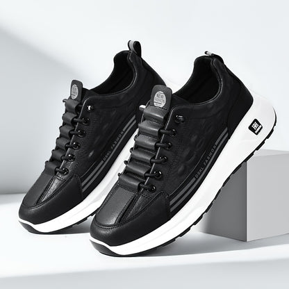 Men's Breathable Casual Sneakers - Comfortable, Versatile  Stylish Shoes for Running, Sports  Casual Attire, Black with White Accents, PU Upper  PVC Sole, Round Toe, Lace-Up Design, All-Season Use