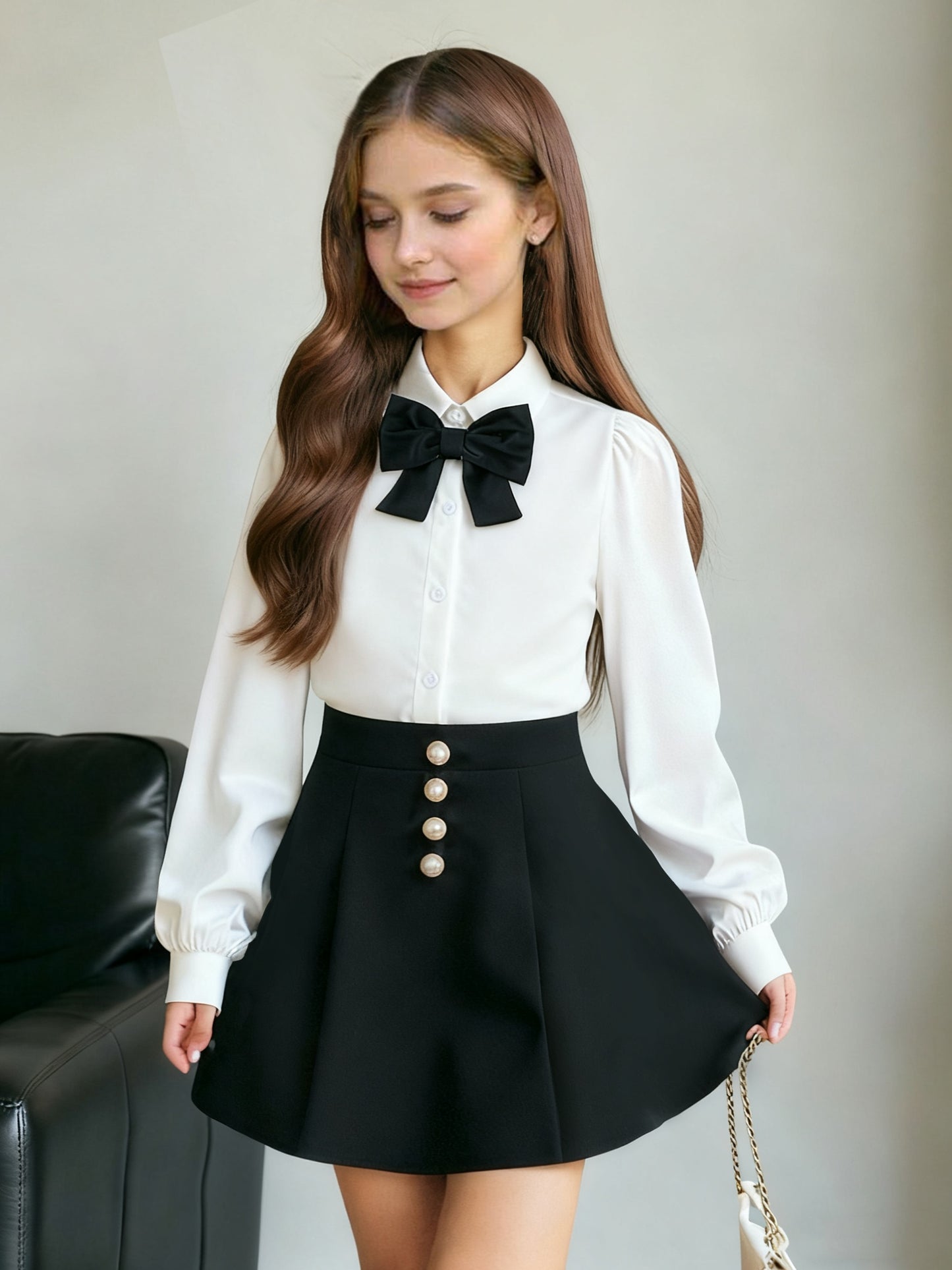 Girls' Two-Piece Spring Outfit with Collared Blouse & Pleated Skirt