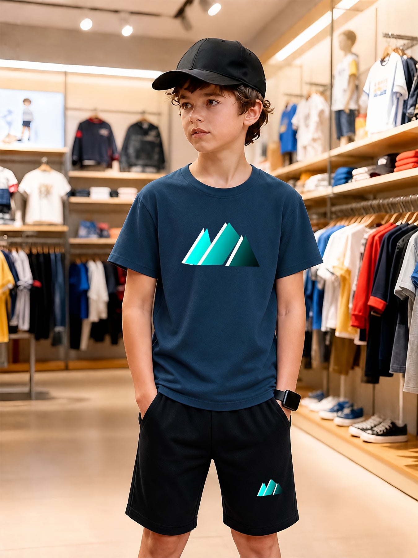 Boys' Casual Cotton T-Shirt and Shorts Set - Geometric Print