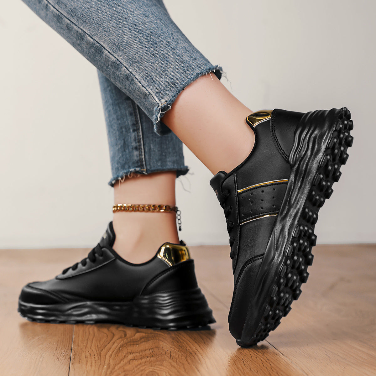 DJSUNNYMIX Women's Casual Running Shoes with Golden Glitter Accents - Lightweight EVA Sole, Breathable Fabric Lining, Low-Top Lace-Up Design for All-Season Comfort  Style, Sporty Footwear   Flexible Footwear
