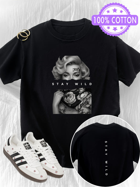 Women's Casual Cotton T-Shirt with Retro Portrait Print - ayq