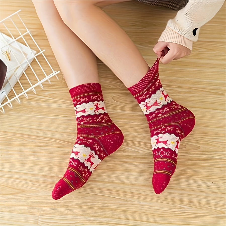 6pcs/3pairs Reindeer Print Thick Socks, Comfortable and Warm Christmas Mid-Calf Socks, Unisex Socks, Christmas Socks, Festive Socks, Cozy Socks, Warm Winter Socks