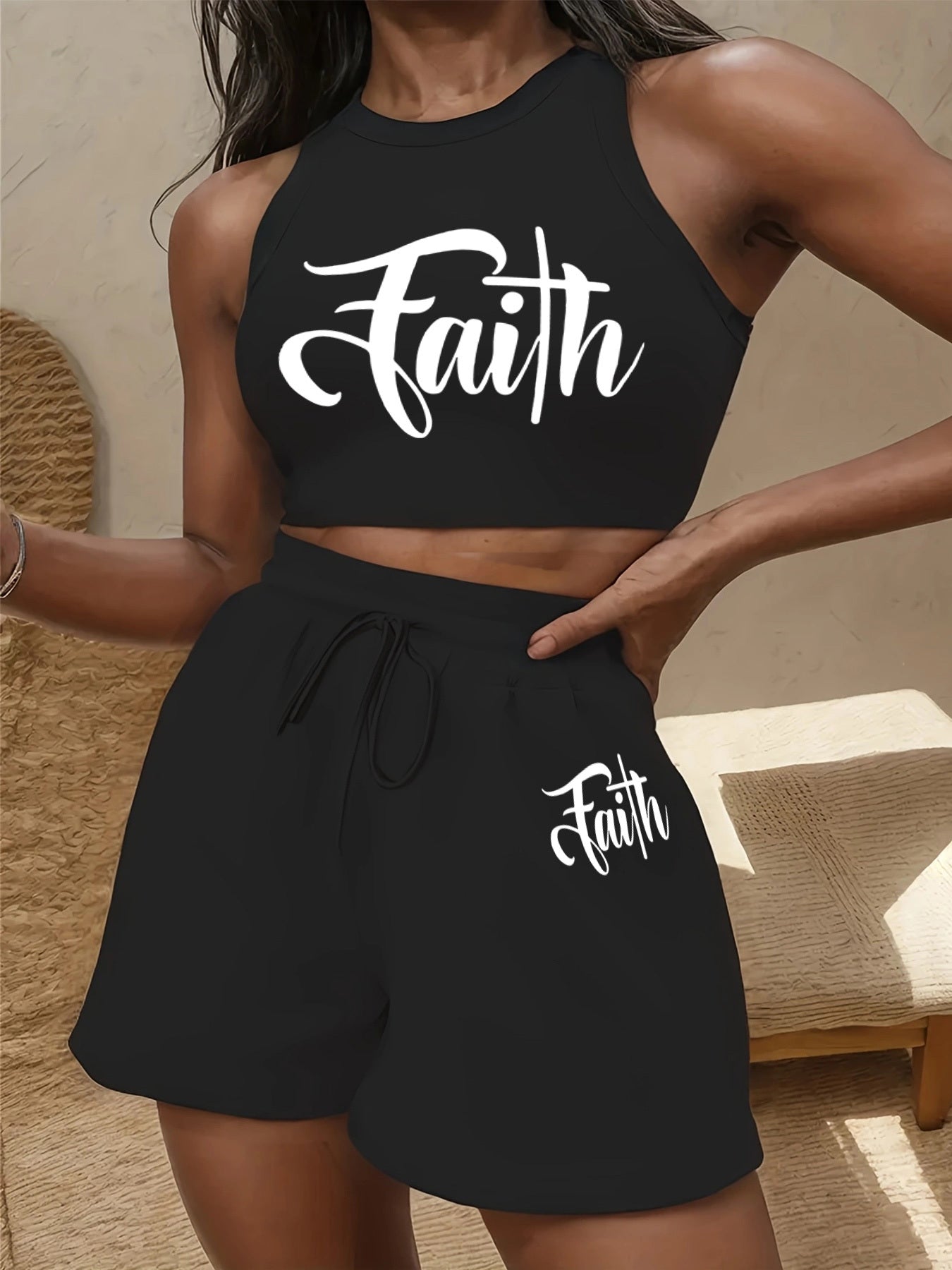 Women's Casual Two-Piece Set with English Print & Wide Leg Pants