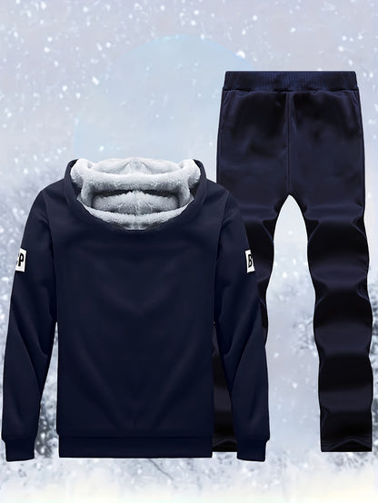 Men's "SHAN YES" Alphabet Print Fuzzy Lining Hooded Sweatshirt And Joggers Set, Warm Athletic Outfit For Running And Outdoor Fitness, Autumn And Winter