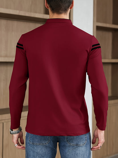 Men'S Casual Long Sleeve T-Shirt - Solid Color with Stand Collar  Stripe Polo, Button-Up Front, Ideal for Outdoor Activities