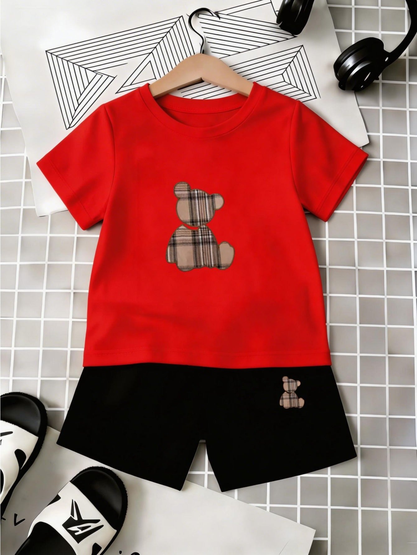 Infant Toddler Summer Shorts Set with Plaid Bear Print Tee