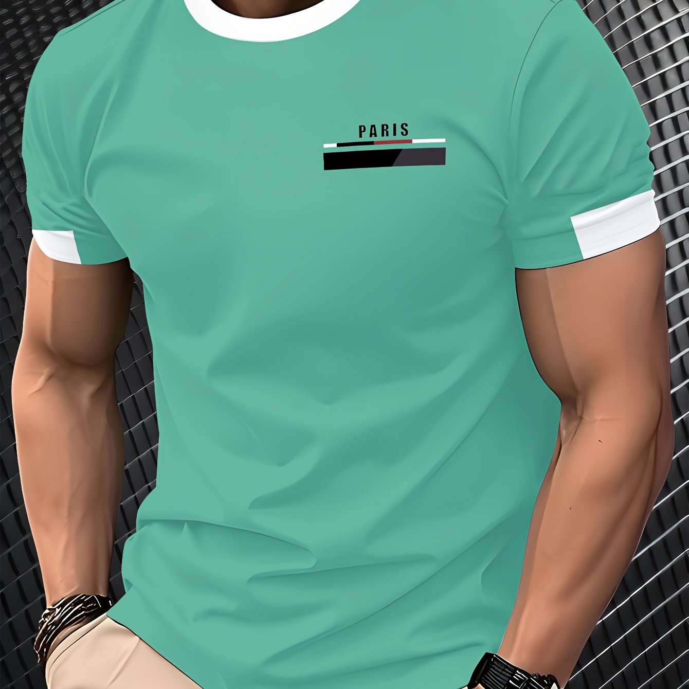 Men'S Paris Graphic T-Shirt - Green Polyester Crew Neck Tee with White Stripes  Print - Casual Sporty Knit Top for Casual Attire, Breathable Fabric
