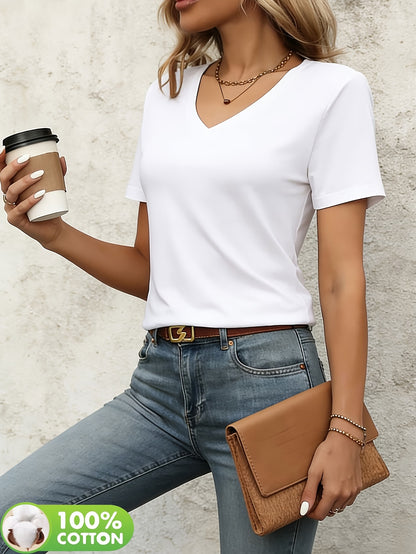 Women’s V-Neck Cotton T-Shirt, Short Sleeve, Solid Color