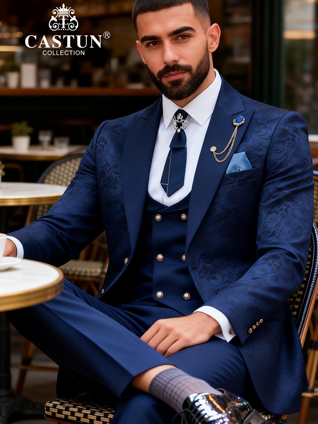 Men's 3-Piece Floral Skinny Fit Suit with Peak Lapels