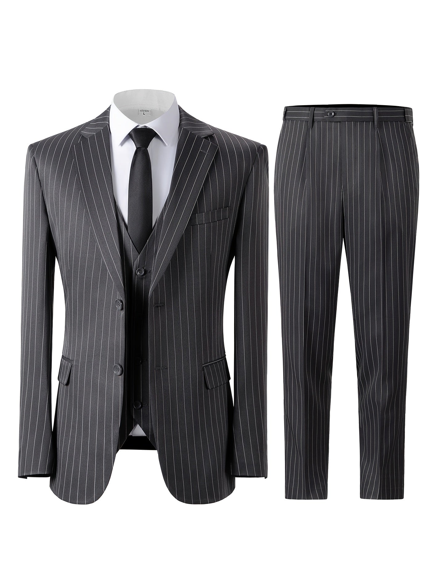 Men's Slim Fit Striped Three-Piece Suit with Vest and Pants