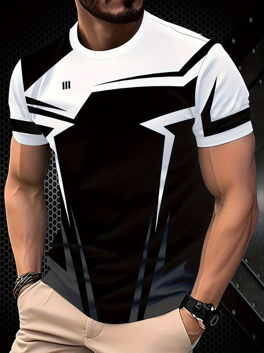 Men's Geometric Patchwork T-Shirt - Black  White Contrast Design, Breathable 100% Polyester, Regular Fit Casual Summer Tee, Machine Washable
