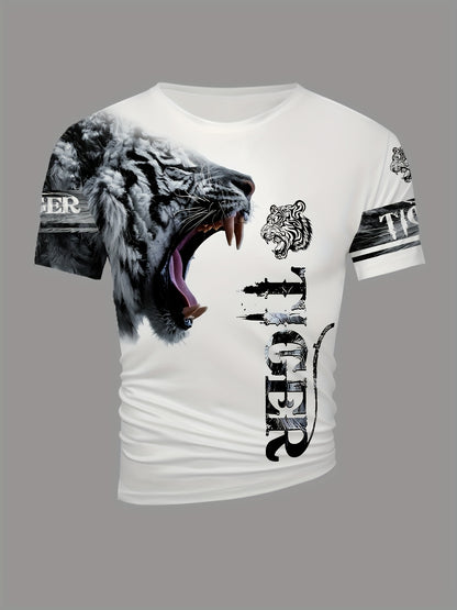 Men'S  Women'S "Tiger" Graphic T-Shirt - Casual, Stylish 3D Print Animal Design, White, Short Sleeve, Polyester Knit, Regular Fit, Streetwear Tee Bold Animal Print Stretchy Fabric